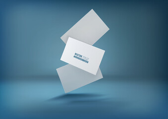 Three white business cards on a blue background in space. Vector illustration. 3d template for design visualization.