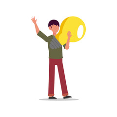 Cartoon character illustration of young man holding light bulb. Concept of search new ideas solutions, imagination, creative innovation idea, brainstorming. Flat design isolated on white.