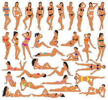 Big Set Of Vector Bikini Girls With Colored Skin Tone Standing And Sitting In Different Poses Isolated On White Background. Colored Silhouette Of Slim Pin Up Woman Body With Bikini Dress On It. 