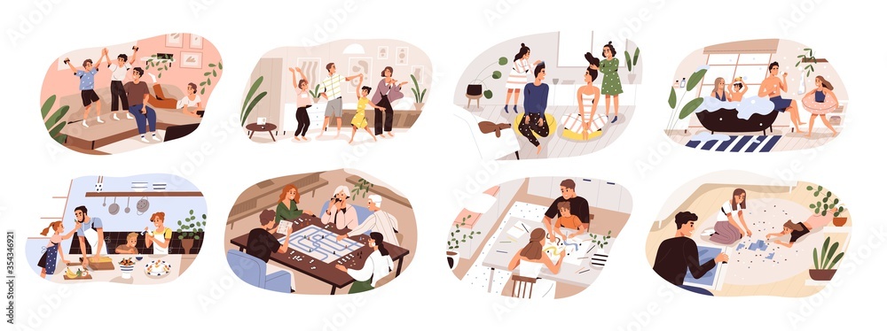 Set of family home activities. Happy parents and children playing video and board games, cooking, dancing, doing jigsaw puzzle, taking bath, painting together. Vector illustration flat cartoon style - obrazy, fototapety, plakaty 