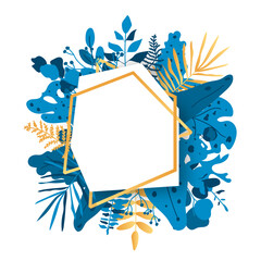 Poster - Abstract polygonal gold floral frame with blue exotic tropical leaves, branch, berries. Empty geometric white template banner for text. Luxury decorative modern polyhedron closeup. Vector illustration