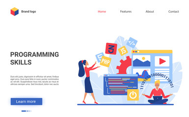 Leinwandbilder - Programmer training course vector illustration. Website interface creative design with cartoon flat student characters learn programming code, study creating program software, coursework technology