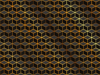Volume geometric seamless pattern with isometric cubes. 3d vector background block texture. Abstract mosaic backdrop with repeating grey rhombuses and golden seams. Optical effects.