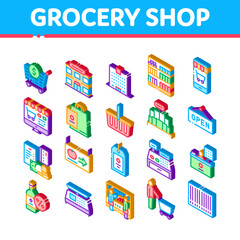 Poster - Grocery Shop Shopping Icons Set Vector. Isometric Internet Grocery Shop Or In Super Market, Scales And Cash Machine Illustrations