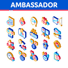 Poster - Ambassador Creative Icons Set Vector. Isometric Loudspeaker And Gift, Human Holding Heart And Speaking, Ambassador Illustrations