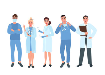 Several doctors in medical uniforms. Medical specialist. Vector illustration of people in healthcare