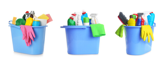 Wall Mural - Collage of buckets with cleaning supplies on white background. Banner design