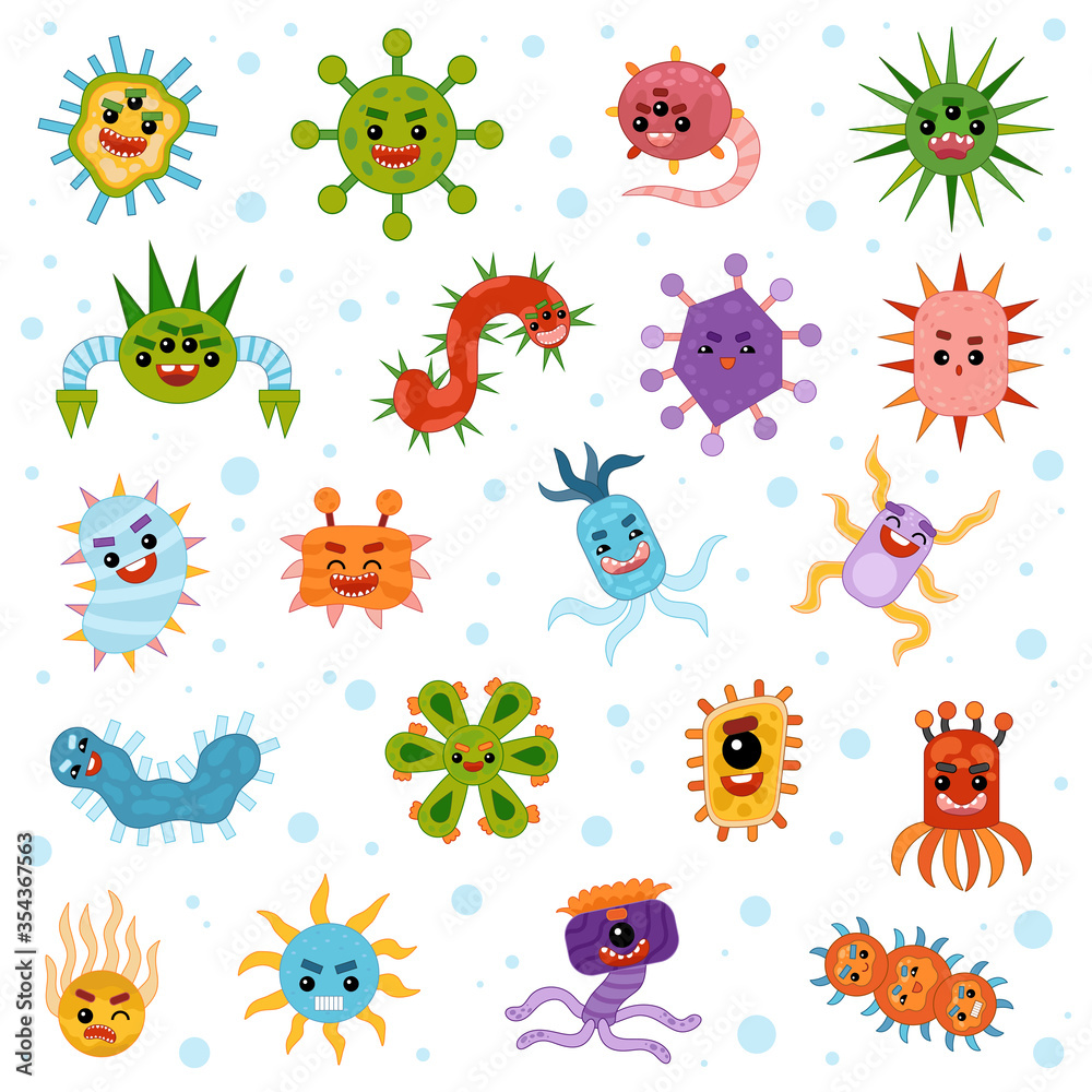 Colorful set of bacteria and virus characters, vector cartoon ...