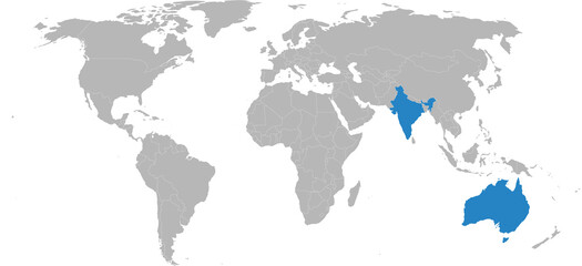  India, Australia isolated on world map. Light gray background. Business concepts, diplomatic, trade and transport relations.