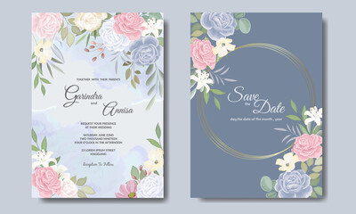 Elegant wedding invitations card template with colouful floral and leaves Premium Vector