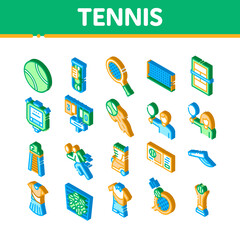 Wall Mural - Tennis Game Equipment Icons Set Vector. Isometric Racket And Tennis Field, Cup And Tracksuit, Ball Basket And Player Illustrations