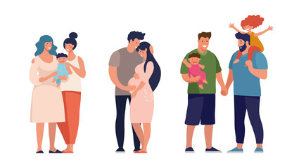 Wall Mural - A set of LGBT couples and couples with children, gays, lesbians, a traditional pregnant couple. Relations and rights of homosexual partners. Vector illustration in a flat cartoon style.