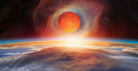 Fototapeta big bloody red moon with super nova explosion - lunar eclipse 