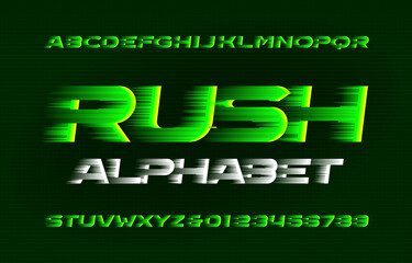 Fototapete - Rush alphabet font. High speed effect letters and numbers. Stock vector typeface for your design in sport style.