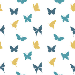 Wall Mural - Butterflies flying in blue and yellow colors seamless pattern. Butterfly design for fabric, paper.