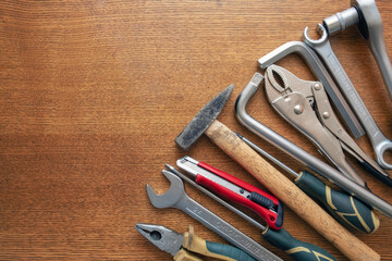 Set of car repair hand tools on wooden background. Repair service concept. Diy concept.