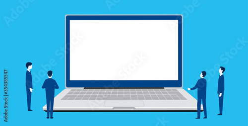 パソコンとビジネスチーム パソコン画面にテキストスペースのイラスト Adobe Stock でこのストックベクターを購入して 類似のベクターをさらに検索 Adobe Stock