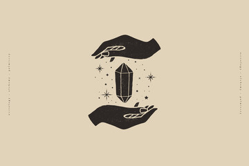 Poster - Magic crystal sparkles and hovers in hands. Magic quartz stone in a trendy minimalist style. Mystical retro symbols for spiritual practices of ethnic magic and astrological rites. Sketch tattoo.