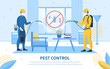 Two workers doing Pest Control in a home with tanks and sprayers with a pest eradication icon in the centre, colored vector illustration