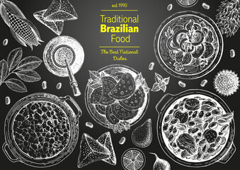 Wall Mural - Brazilian cuisine top view frame. Brazilian food menu design with farofa, moqueca, feijoada, meat pastry and mate tea. Vintage hand drawn sketch vector illustration.