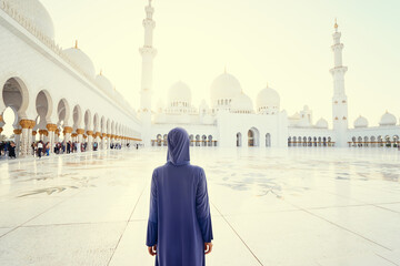 Wall Mural - Traveling by Unated Arabic Emirates. Woman in traditional abaya standing in the Sheikh Zayed Grand Mosque, famous Abu Dhabi sightseeing.