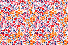 Floral Pattern. Pretty Flowers On White Background. Printing With Small Orange, Red And Pink Flowers. Ditsy Print. Seamless Vector Texture. Spring Bouquet.