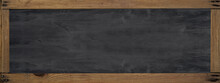 School Background Banner Panorama - Empty Blank Old Anthracite Blackboard Chalkboard Texture With Rustic Wooden Frame And Space For Text