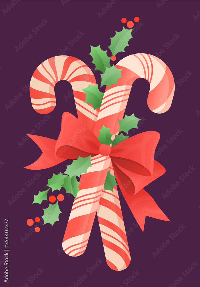 Sweet Christmas candy cane tied with a bow. Holly leaves. Christmas and ...