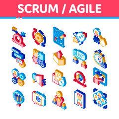 Poster - Scrum Agile Elements Vector Icons Set. Isometric Agile Rocket And Document File, Gear And Package, Loud-speaker And Stop Watch Illustrations