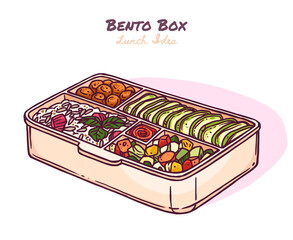 Wall Mural - Japanese meal bento box with ready lunch, to go food in zero waste pacage. Healthy diet with rice, avacado, vegetable salad, meat. Vector cute kawaii illustration in hand drawn sketch doodle style