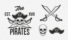 Pirates Icons Set. Crossed Swords, Skull And Pirate Hat Isolated On White Background. Vintage Pirate Icons For Logo. Vector Illustration