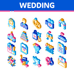 Sticker - Wedding Vector Icons Set. Isometric Bride And Groom, Rings And Limousine Wedding Elements Pictograms. Church And Arch, Fireworks And Dancing Illustrations