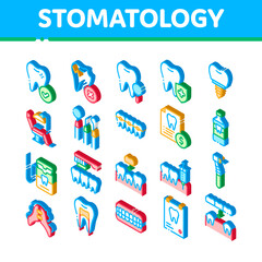 Sticker - Stomatology Vector Icons Set. Isometric Stomatology Dentist Equipment And Chair, Healthy And Unhealthy Tooth Pictograms. Jaw Denture, Injection Anesthesia Illustrations