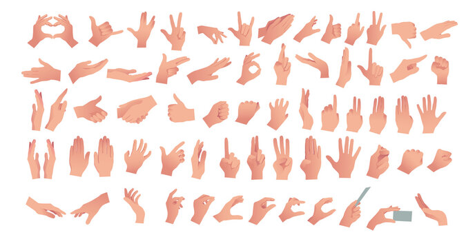 gesturing. set of hands in different gestures , hand showing signal or sign collection, on white bac