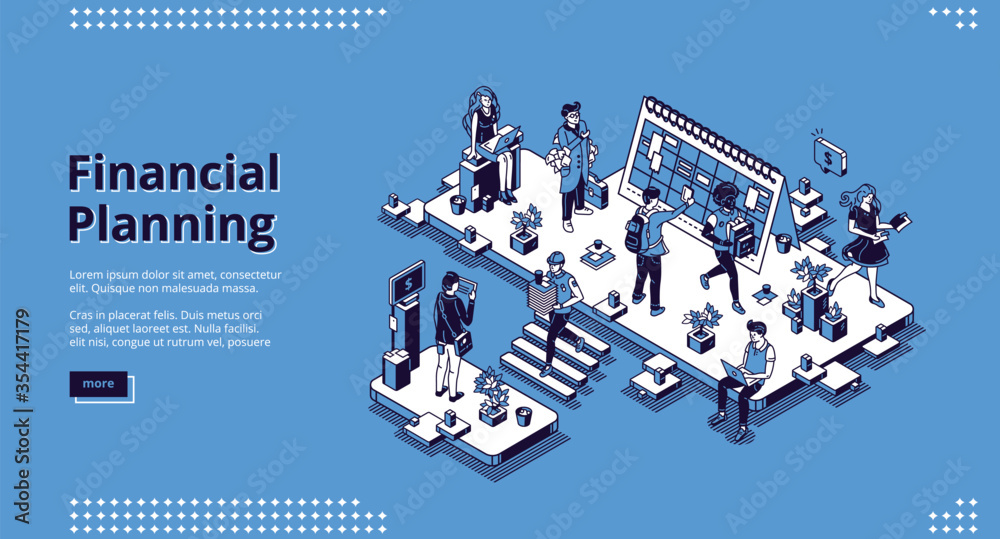 Financial planning banner. Business finance analysis, report and forecasting. Vector landing page of economic strategy, budget plan with isometric illustration of office with working people - obrazy, fototapety, plakaty 