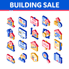 Aufkleber - Building House Sale Vector Icons Set. Isometric Building Sale And Rent Tablet, Web Site, Smartphone Application Pictograms. Garage, Skyscraper, Truck Cargo Illustrations