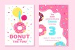 Donut fun party invitation design template vector illustration. Bright card with cake flat style. Happy birthday and festive celebration concept. Isolated on pink background