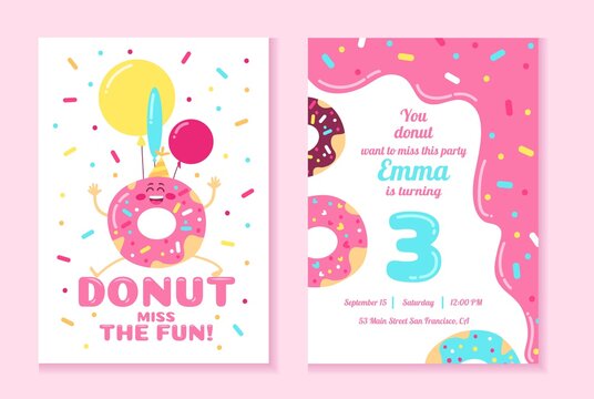 Wall Mural - Donut fun party invitation design template vector illustration. Bright card with cake flat style. Happy birthday and festive celebration concept. Isolated on pink background