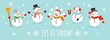 Let it snow card with cute character snowman vector illustration. Happy snowmans in scarf and hat flat style. Happy winter holiday concept. Isolated on blue background