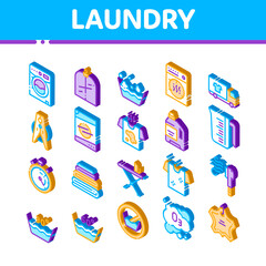 Aufkleber - Laundry Service Vector Icons Set. Isometric Laundry Service, Washing Clothes Pictograms. Laundromat, Dry-Cleaning, Launderette, Stain Removal, Ironing Illustrations