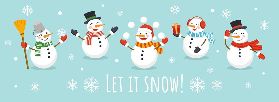 Wall Mural - Let it snow card with cute character snowman vector illustration. Happy snowmans in scarf and hat flat style. Happy winter holiday concept. Isolated on blue background