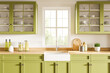 © katestudio - Classic kitchen interior with white walls, a green kitchen unit with glass, a white sink in front of the window, and interior items for the kitchen. 3d rendering