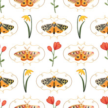 Hand-drawn Watercolor Pattern With Tiger Moths And Emperor Moth On A White Background. Seamless Print With Flowers And Butterflies In The Frame.
