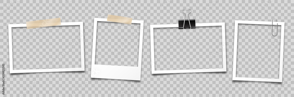 Realistic empty photo card frame, film set. Retro vintage photograph with transparent adhesive tape and paper clip. Digital snapshot image. Template or mockup for design. Vector illustration. - obrazy, fototapety, plakaty 