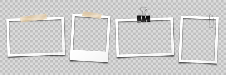 realistic empty photo card frame, film set. retro vintage photograph with transparent adhesive tape 