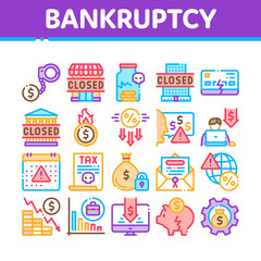 Poster - Bankruptcy Business Collection Icons Set Vector. Bankruptcy Shop And Company, Closed Office And Store, Tax And Crisis, Broken Card And Piggy Concept Linear Pictograms. Color Illustrations