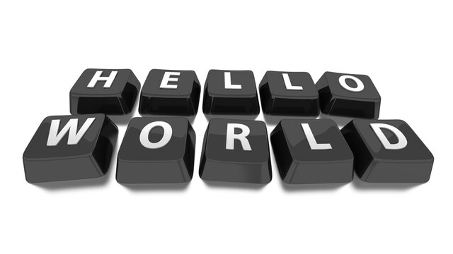 HELLO WORLD written in white on black computer keys. 3d illustration. Isolated background.