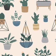 Seamless Pattern Of House Plants In Hanging Pots, Scandinavian Interior With Plant Holder. Vector Illustration, Flat Cartoon Style. 