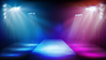 Stage Podium Illuminated By Spotlights. Empty Runway Before Fashion Show. Colorful Background. Vector Illustration.
