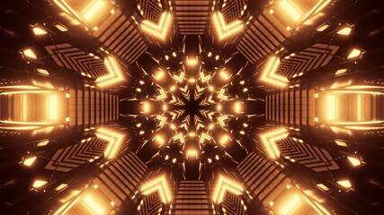 3D rendering of an abstract illustration of geometric shapes with golden lights